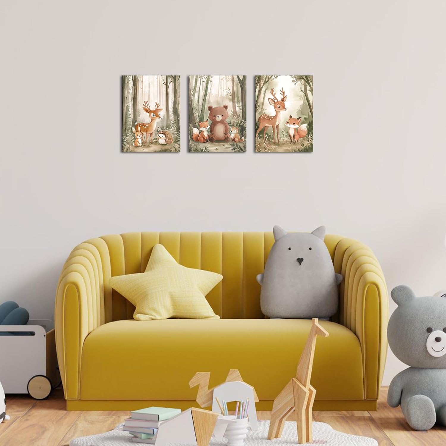VANSEEING Woodland Nursery Decor Animal Canvas Wall Art Forest Fox Bear Deer Watercolor Pictures Prints Artwork Wall Decor for Boys Girls Bedroom Baby Room Home Decoration 12"x16"x3 Pieces