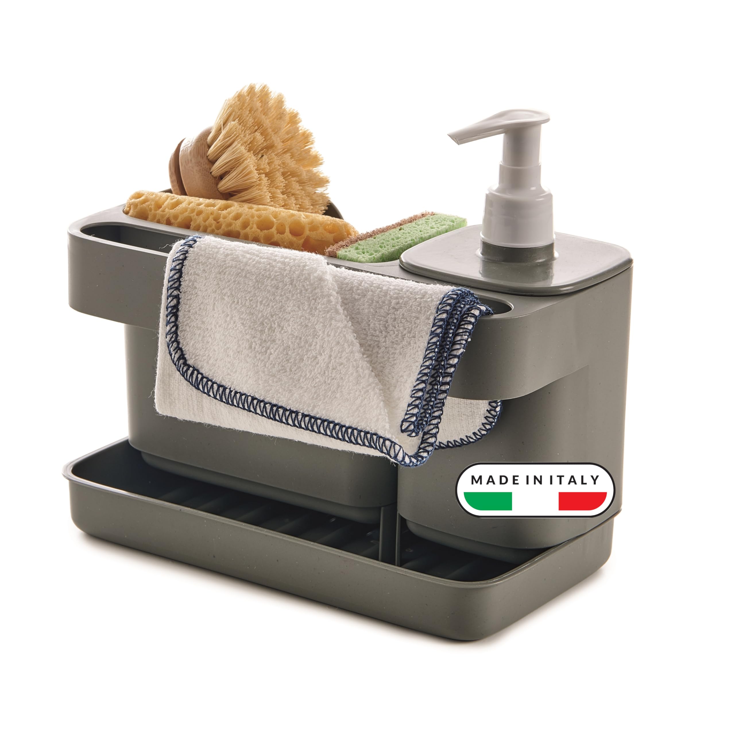 Snips Riordinello - Dispensador Jabón Baño y Cocina, Organizador Fregadero Cocina para Esponjas con Jabonera 400 ml y Soporte Estropajo Fregadero, Paños, Esponja y Bandeja 21x12x18 Made in Italy, Gris
