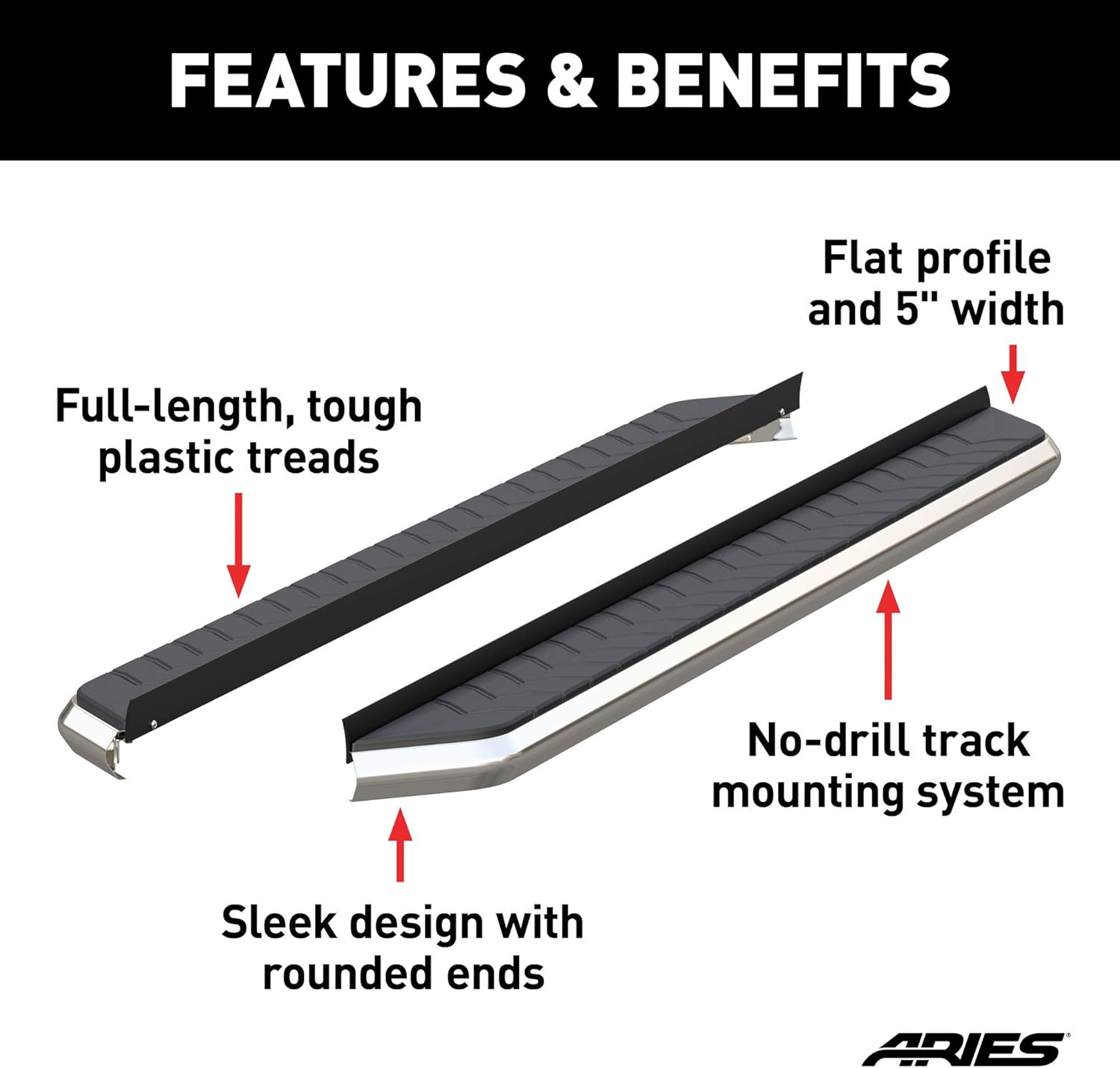 ARIES 2051876 AeroTread 76-Inch Polished Stainless Steel SUV Running Boards, Brackets Sold Separately, Black