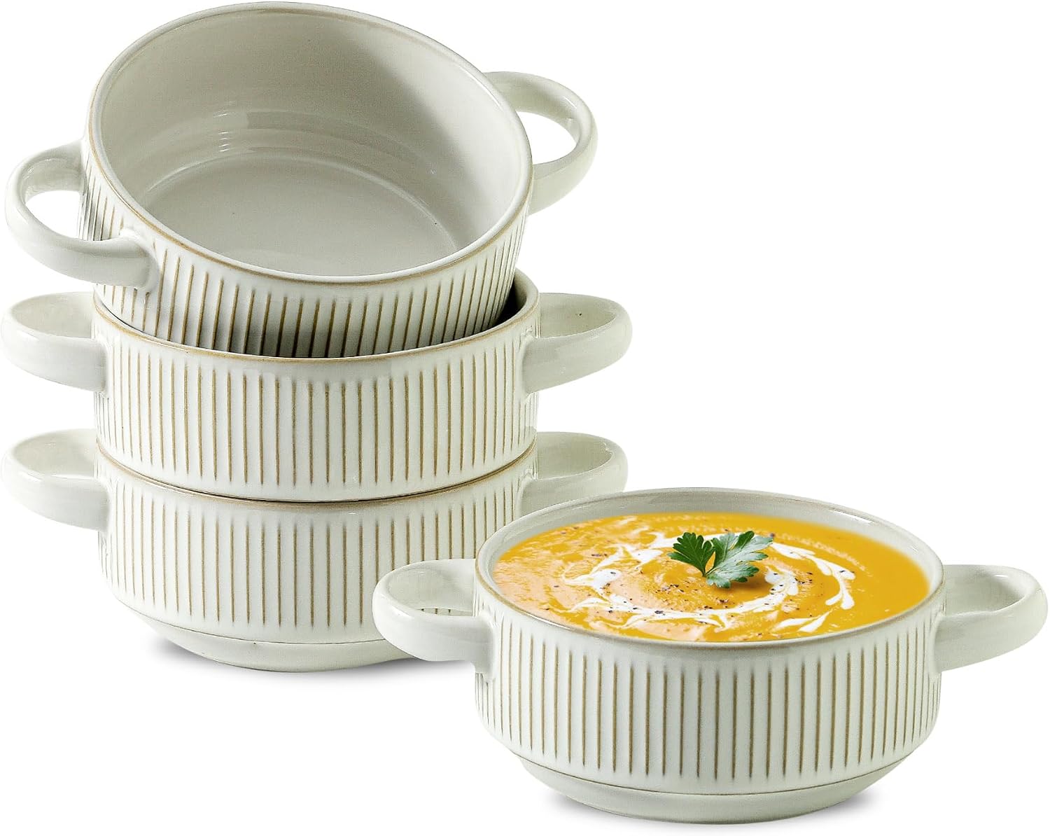 Soup Bowls with Handles, 23 oz French Onion Soup Crocks, Stackable Soup Bowl Oven Safe for Chili, Beef Stew, Embossment Ceramic Bowl Set - 5.4 Inch, Set of 4,Blue
