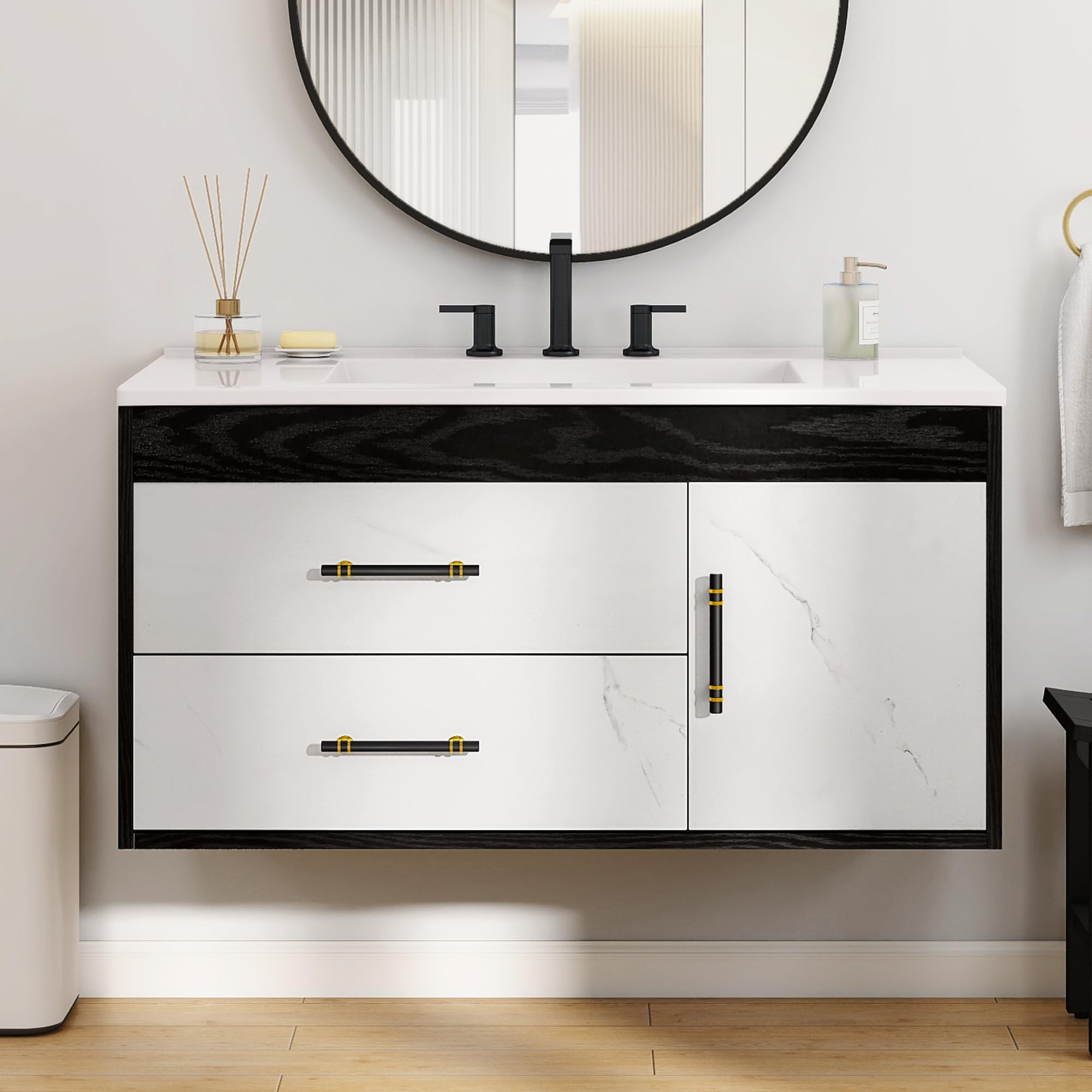 YITAHOME 36 Floating Vanity with Sink, Wall Mounted Bathroom Cabinet Vanity with Soft-Close System Cabinet, Marble Pattern, 2 Drawers & Pre-drilled Three Holes