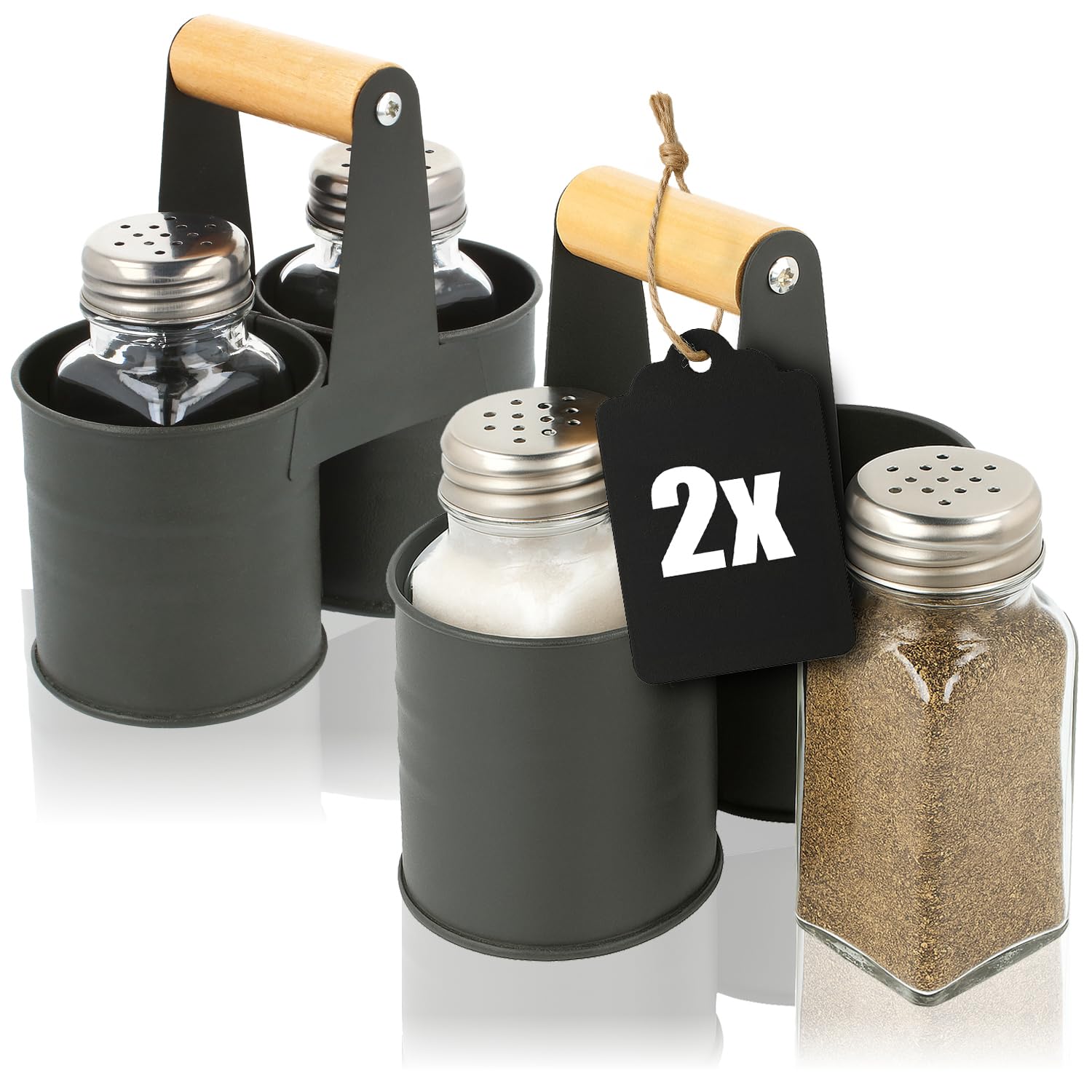 com-four® 6-Piece Spice Shaker Set Made of Glass - Salt and Pepper Dispenser with Matching Metal Holder for Private and Catering Trade (02 Pieces - with Bracket)