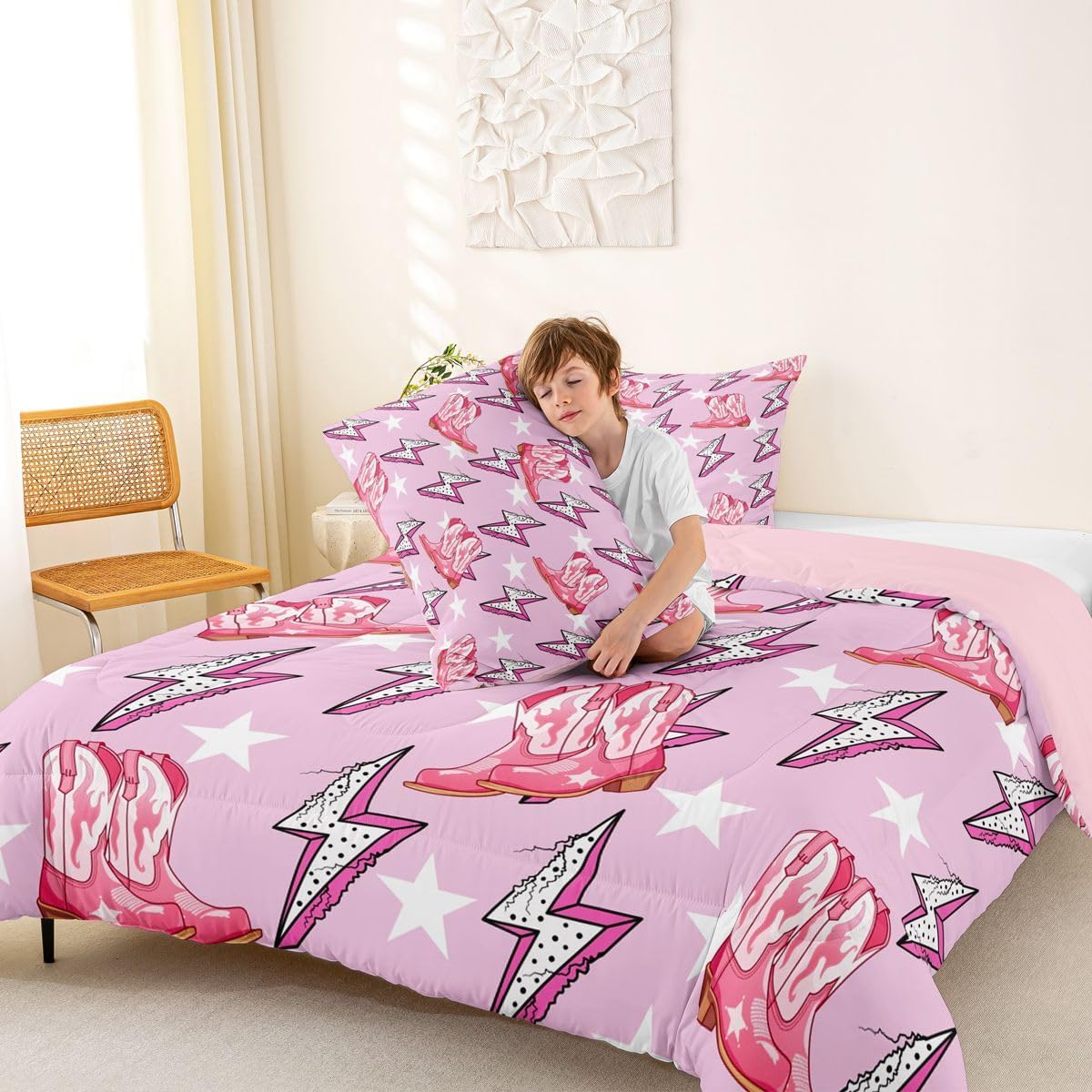 Western Cowgirl Comforter Set Queen Size,Light Star Lightning Dot Geometric Patchwork Bedding Set,Girls Women Room Decor,Cowgirl Boots Rustic Down Comforter,Pink Romantic Duvet Insert,2 Pillowcases