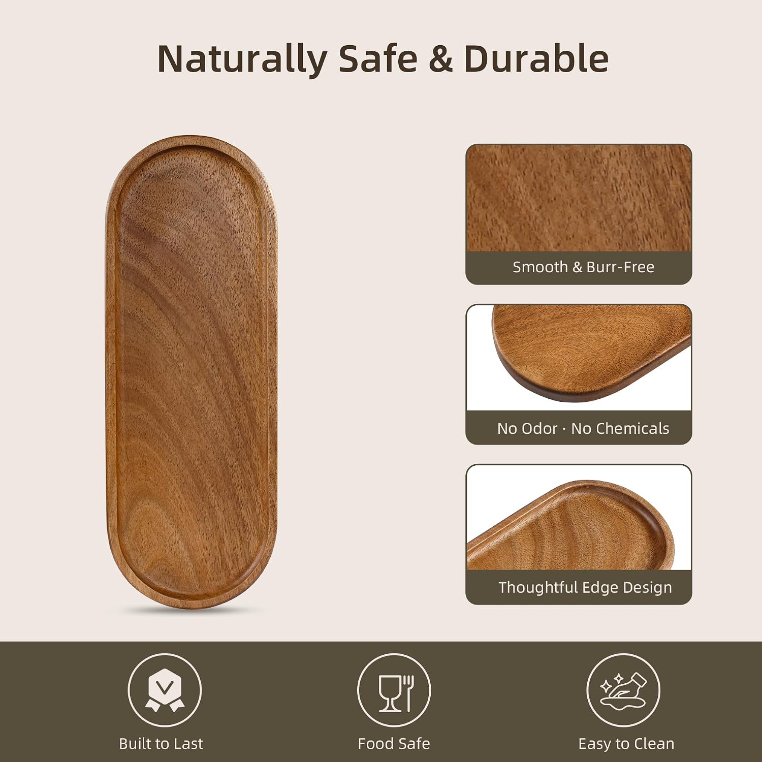 Small Acacia Wood Serving Tray, Wooden Decorative Tray for Coffee Table, Kitchen, Bathroom Counter - Wood Platter for Candles, Perfume, Snacks (11.4 x 4.1 x 0.6 in)