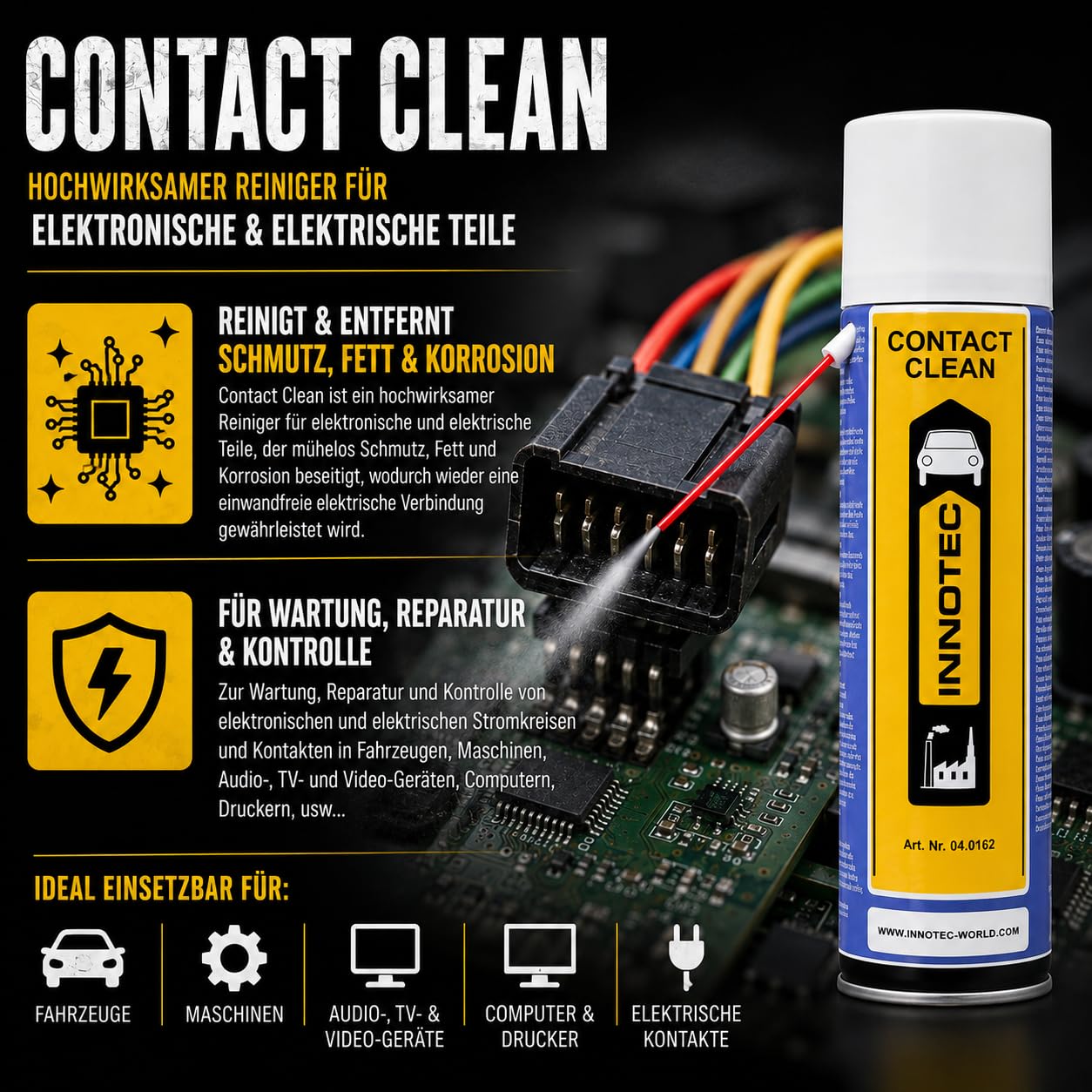 4 Stück Innotec Kontakt Spray - Contact Clean - Elektronikreiniger - Reinigung und Schutz von elektronischen Kontakten - hochaktiver, schnell ablüftender Reiniger für elektronische Kontakte & Bauteile