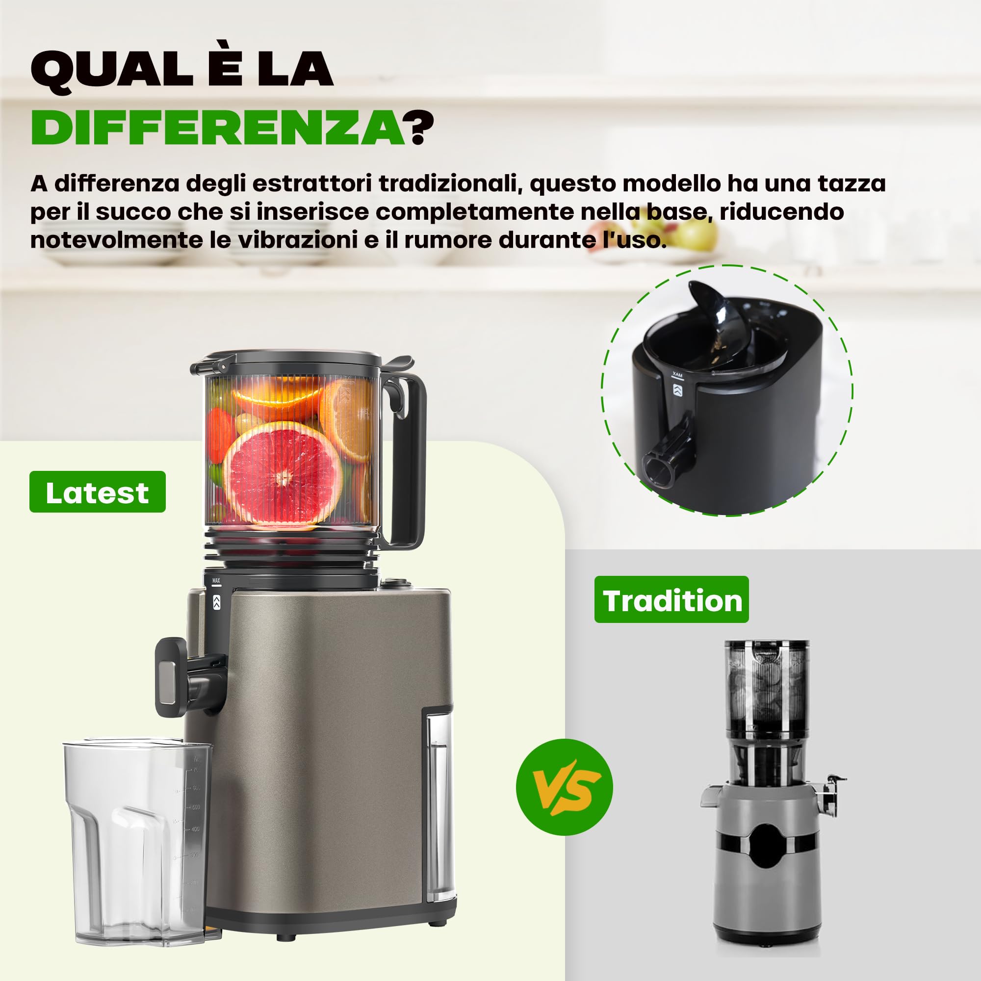 Estrattore Frutta e Verdura, Estrattore di succo con apertura di 14cm, Capacità 2L Juicer Machine Adatta a Frutta e Verdure, Grigio Opaco
