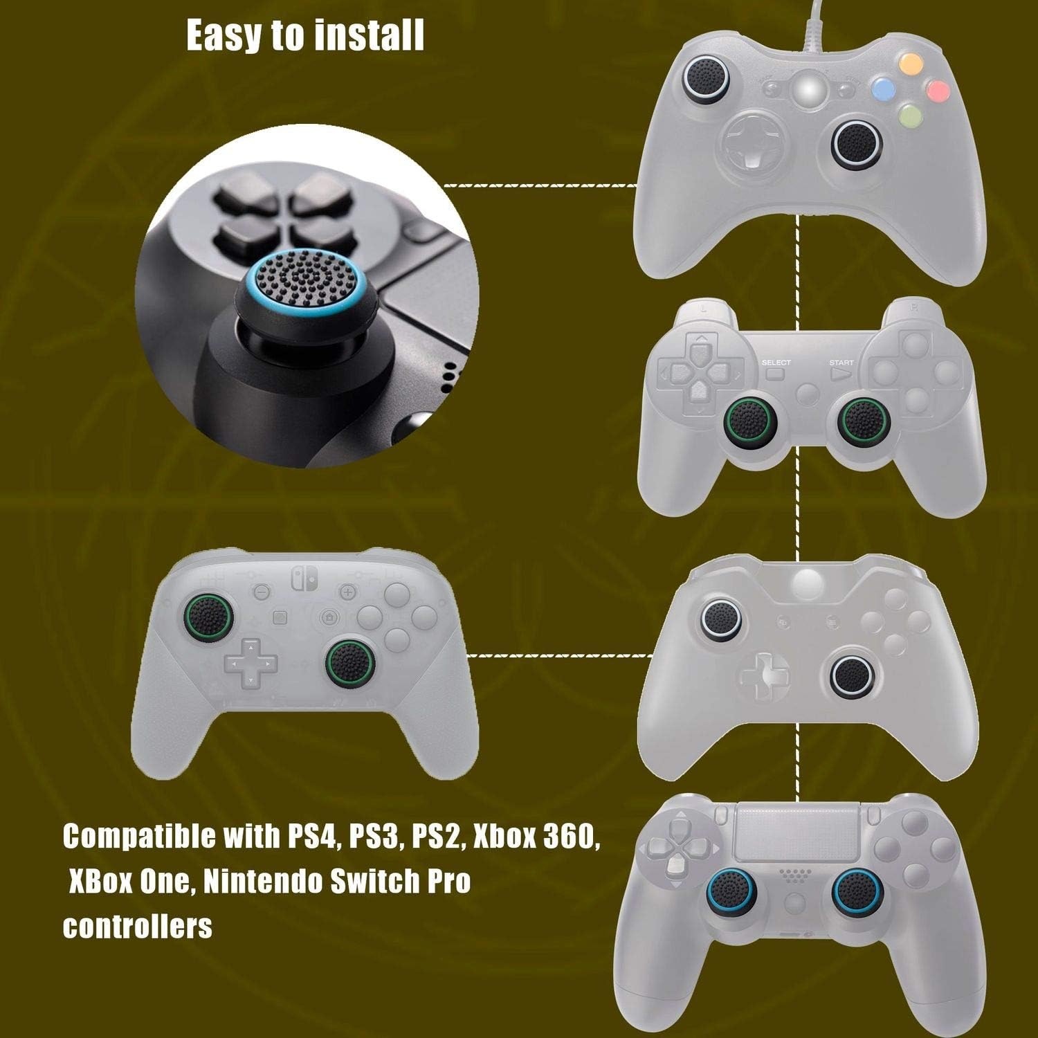 INSTEN [2 Pair / 4 Pcs Wireless Controllers Silicone Analog Thumb Grip Stick Cover, Game Remote Joystick Cap Compatible with PS4 Dualshock 4/ PS3 Dualshock 3/ PS2 Dualshock/Xbox One/360, Black/Blue