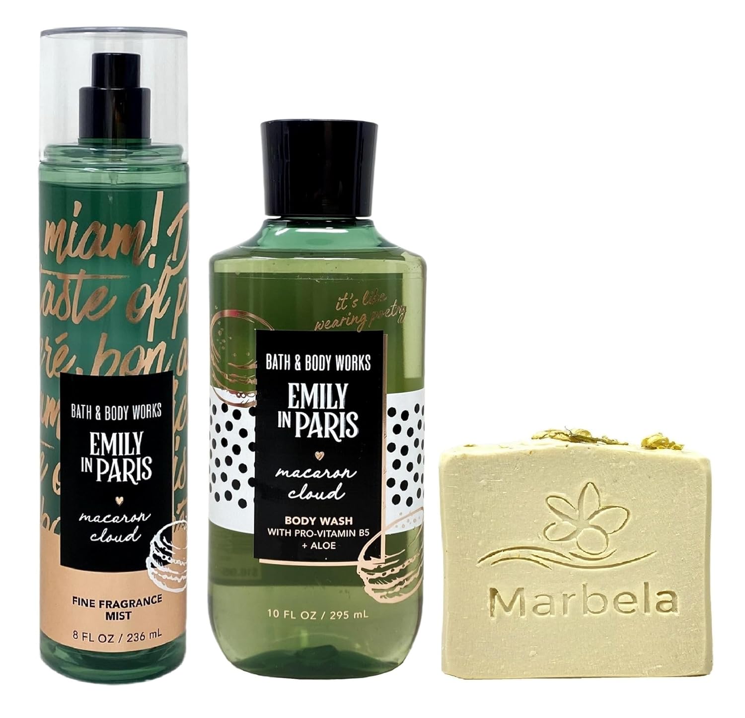 Bath & Body Works Emily In Paris - Macaron Cloud Fragrance Mist and Body Wash Duo Set with a Wild Jasmine Bar Soap - Full Size