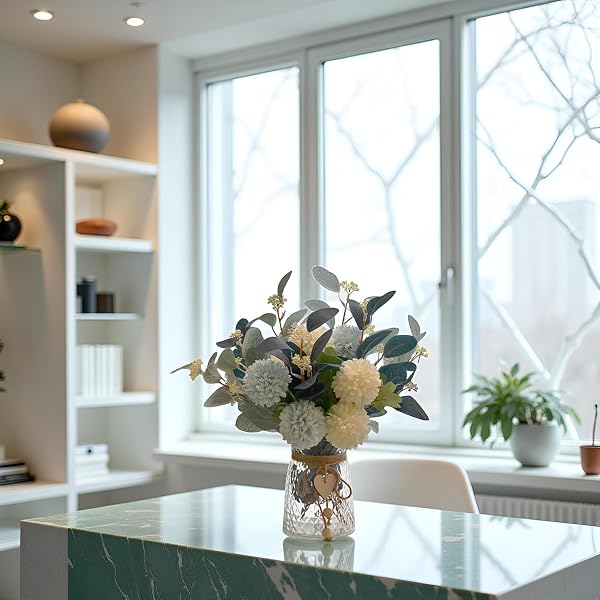 Artificial Flowers with Vase, Faux Flower Arrangement with Eucalyptus Leaves, Silk Hydrangea Table Centerpiece for Home Office Kitchen, Dining Room & Coffee Table Decor - 5
