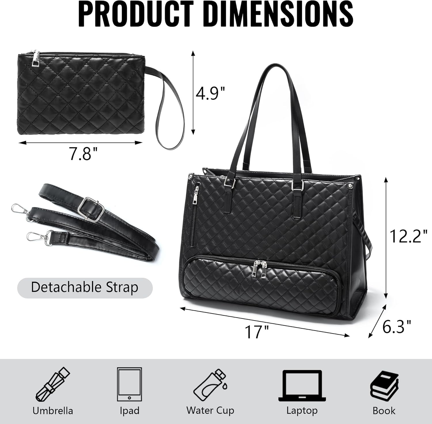 GOWIN Lunch Tote Bag for Women, 15.6 Inch Laptop Bag with Insulated Lunch Compartment, Quilted Large Capacity Computer Handbag with Purse (Black)