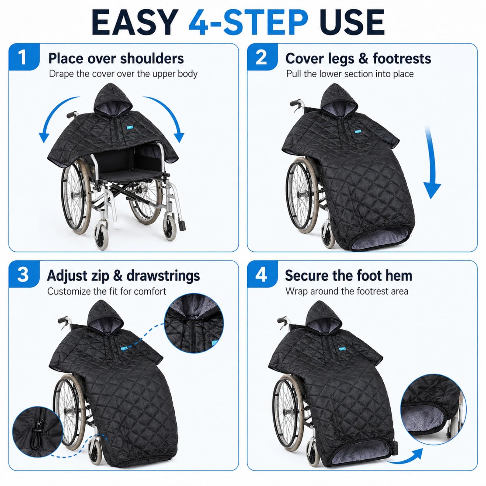 Manta Térmica Silla Ruedas para Merits Health P101 Travel-Ease 2018-2026 | Felpa térmica impermeable | Contra viento frío | Cobertura total silla ruedas | Diseño con capucha | Protección exterior