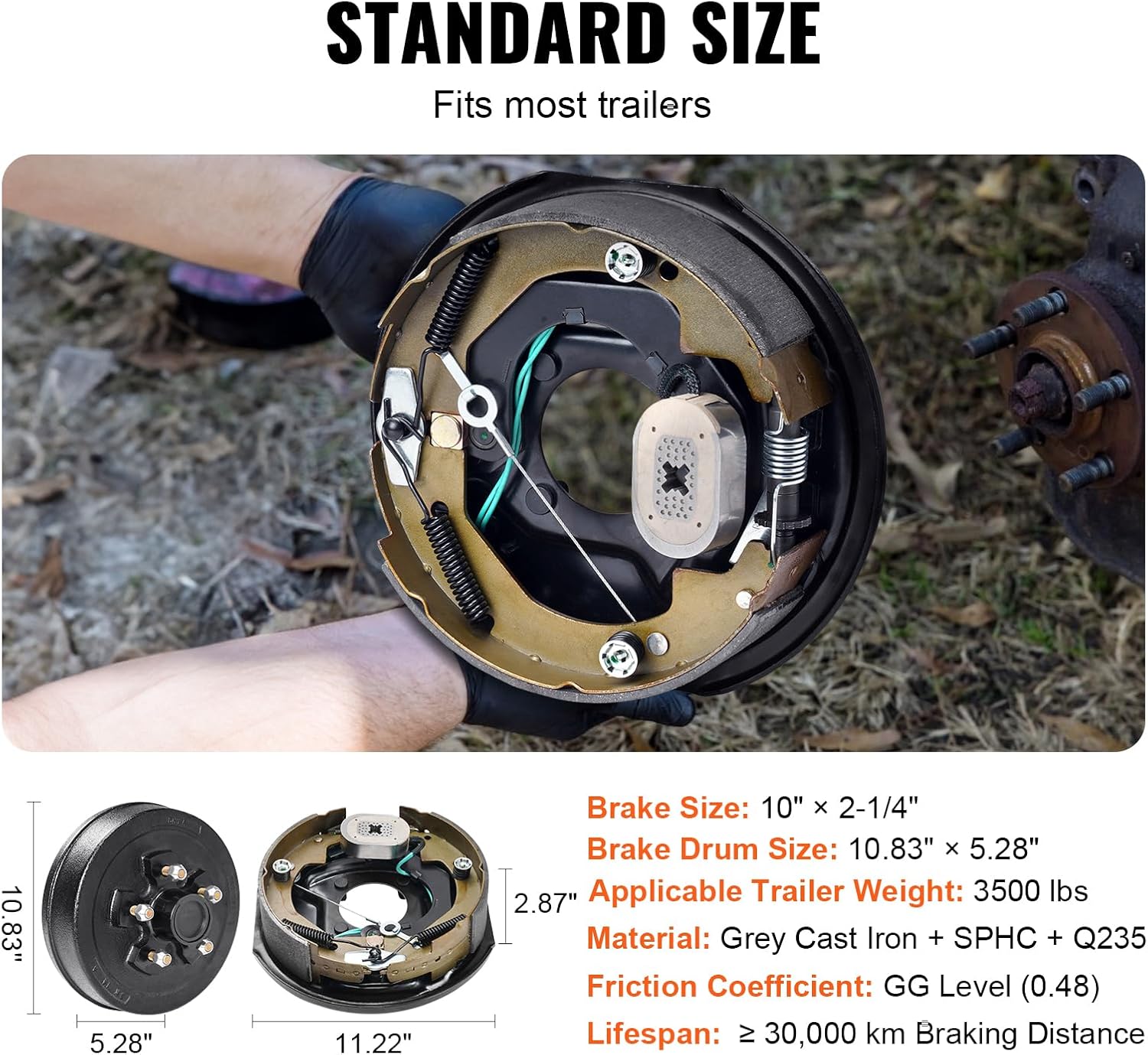 VEVOR Trailer Hub Drum Kits 5 on 4.5" B.C. with 10" x 2-1/4" Electric Brakes, Self-Adjusting Trailer Brake Assembly for 3500 lbs Axle, 4-Hole Mounting, Backing Plates for Brake System Part Replacement