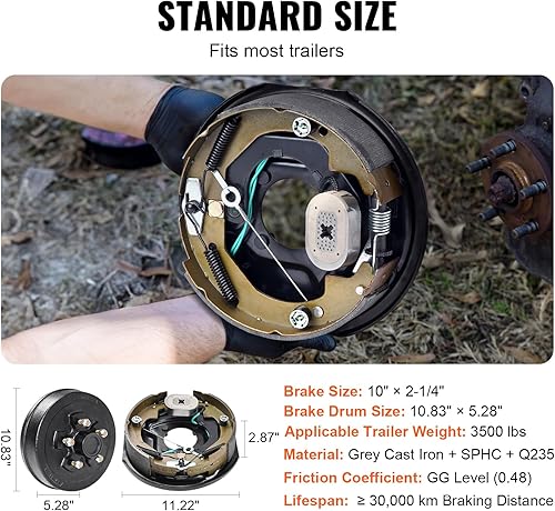 Miniatura 22 de VEVOR Conjunto de freno de remolque eléctrico, 10 x 2-1/4 pulgadas, 1 par de frenos eléctricos autoajustables para eje de 3500 libras, montaje de 4