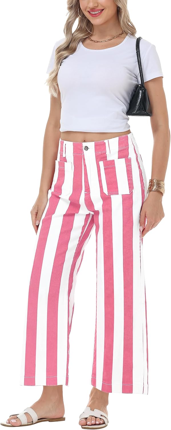 Women Striped Jeans Stretchy Cropped Vertical Denim Pants with Pockets - Image 6