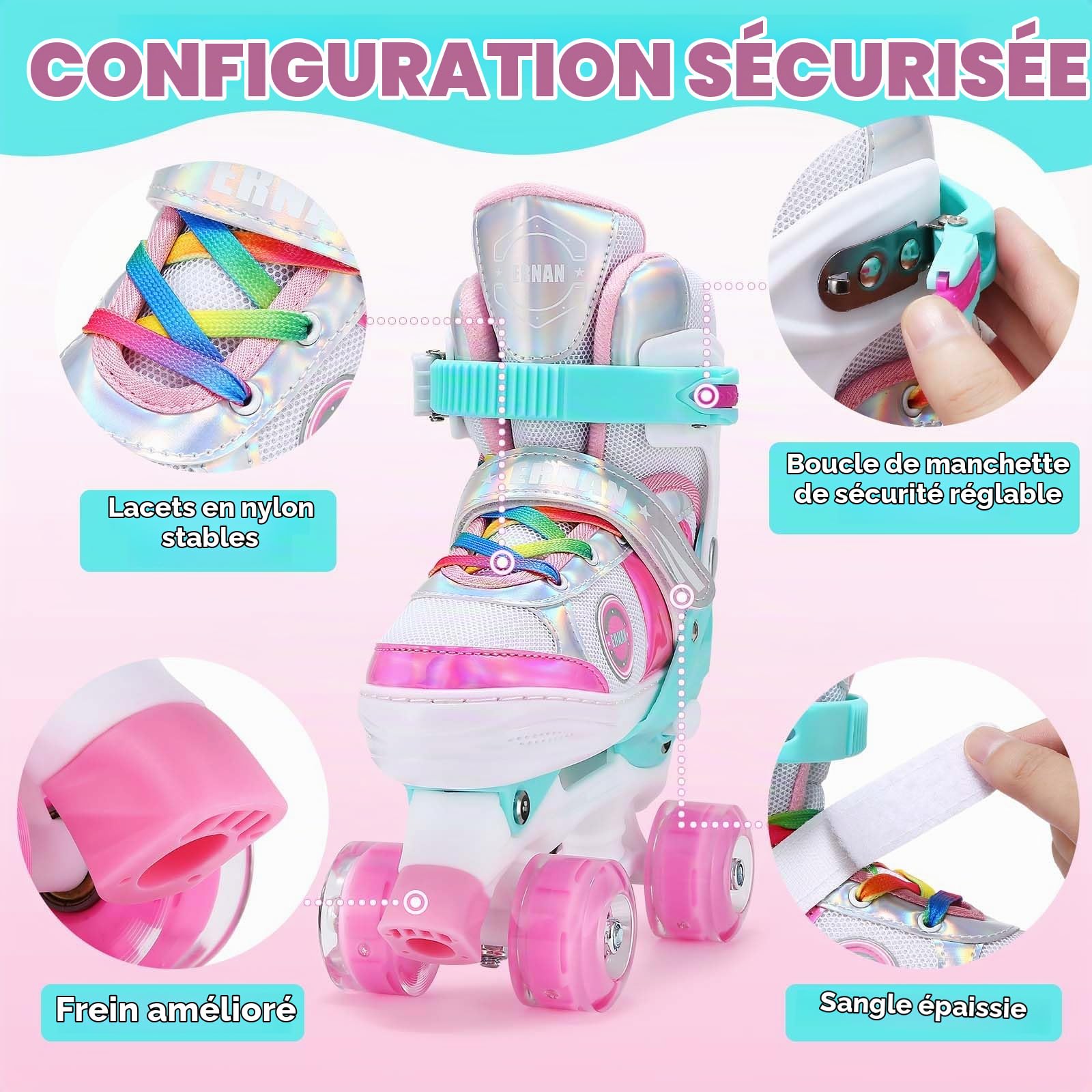 Patins à roulettes Rollers pour Enfants, Rollers Quad pour Filles Garçon Taille réglable, 8 Patins à roulettes Light up Wheels pour Filles et garçons Tout