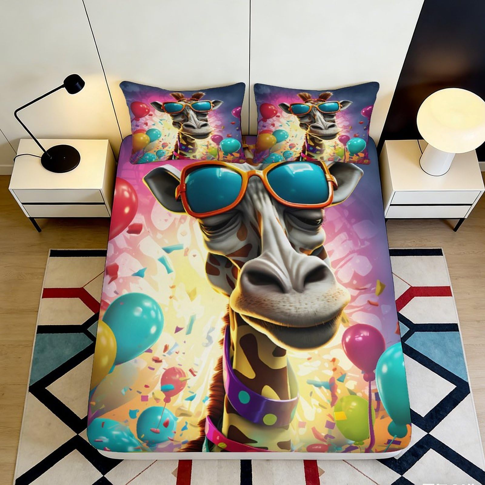 3D Printed Cartoon Giraffe Microfiber Fitted Sheet Deep Pocket Non-Slip Bedroom Mattress Fitted Cover Washable Full Wrap 180x200x25cm