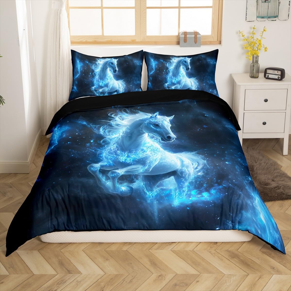 Feelyou Kids Horse Bedding Set Twin Size, Galloping Horse Comforter Cover Boys Girls 3D Wild Animal Duvet Cover Galaxy Teens Bedspread Cover Bed Set with 1 Pillow Case (No Comforter)