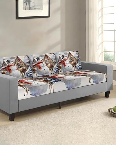Miniatura 9 de Red Snowman Christmas Couch Cushion Covers, Stretch Sofa Cover with Elastic Bottom, Let Snow Xmas Winter Snowflake Sofa Slipcovers Protector
