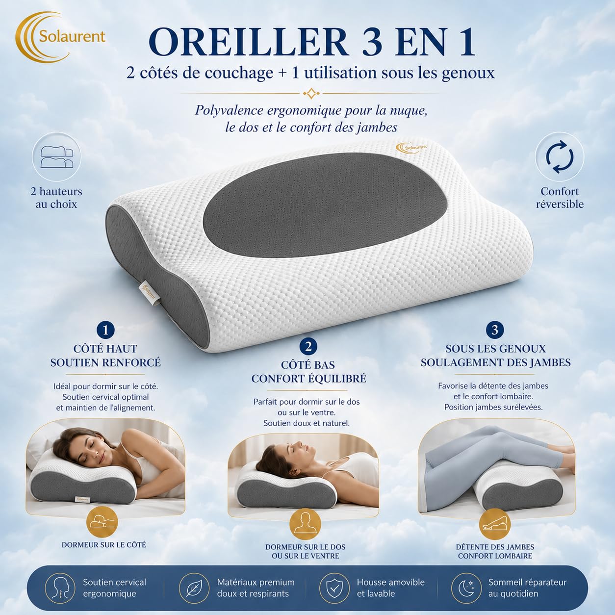 Wavéalux® Oreiller Ergonomique Cervical 3 en1 - Toutes Positions