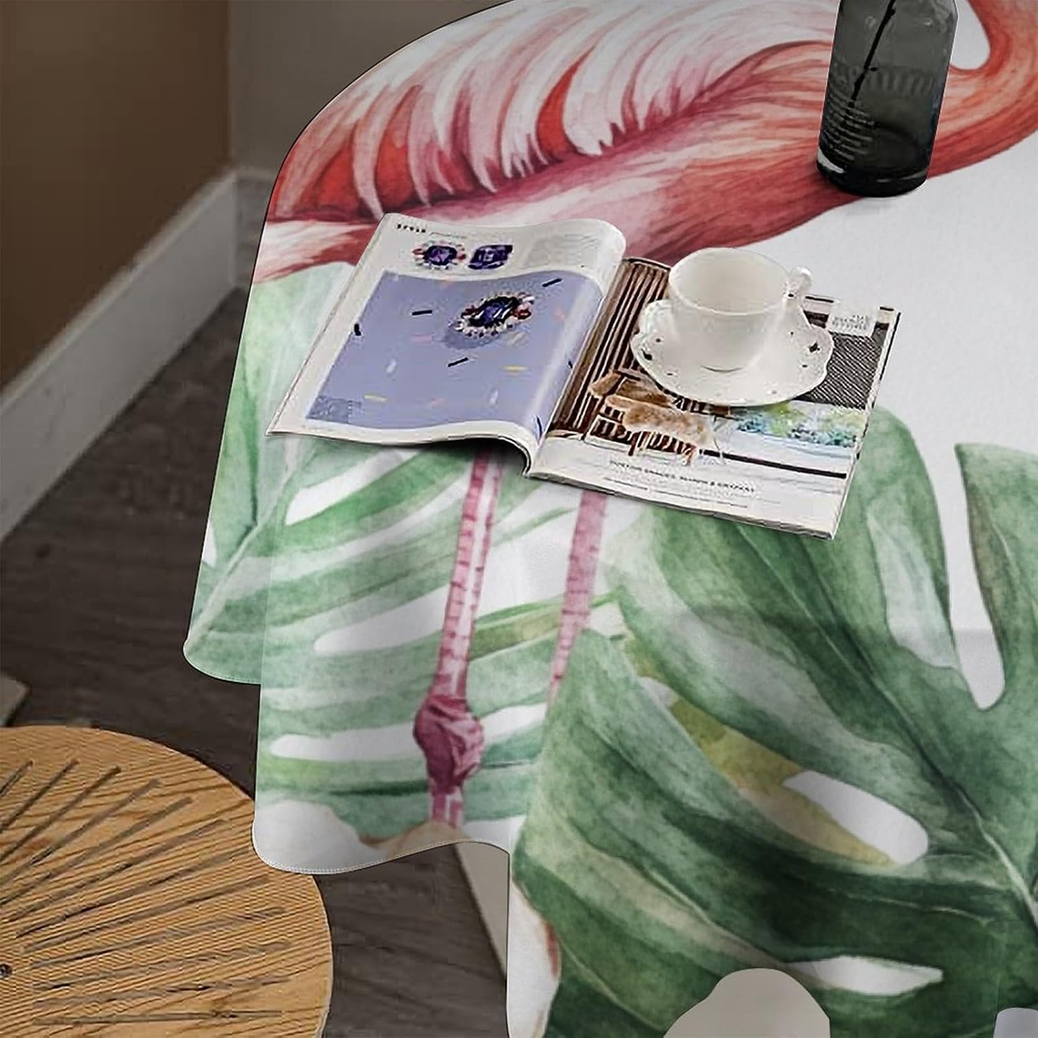 Funny Flamingo Birds Round Tablecloths, Botanical Palm Leaf Floral Washable Holiday Decor Table Cover for Kitchen, Dining, Party, 36Inch