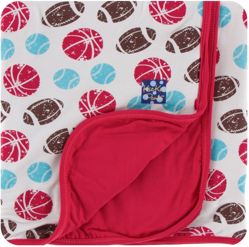 KicKee Pants Little Boys Custom Print Toddler Blanket - Natural Sports with Flag Red Trim & Reverse, One Size