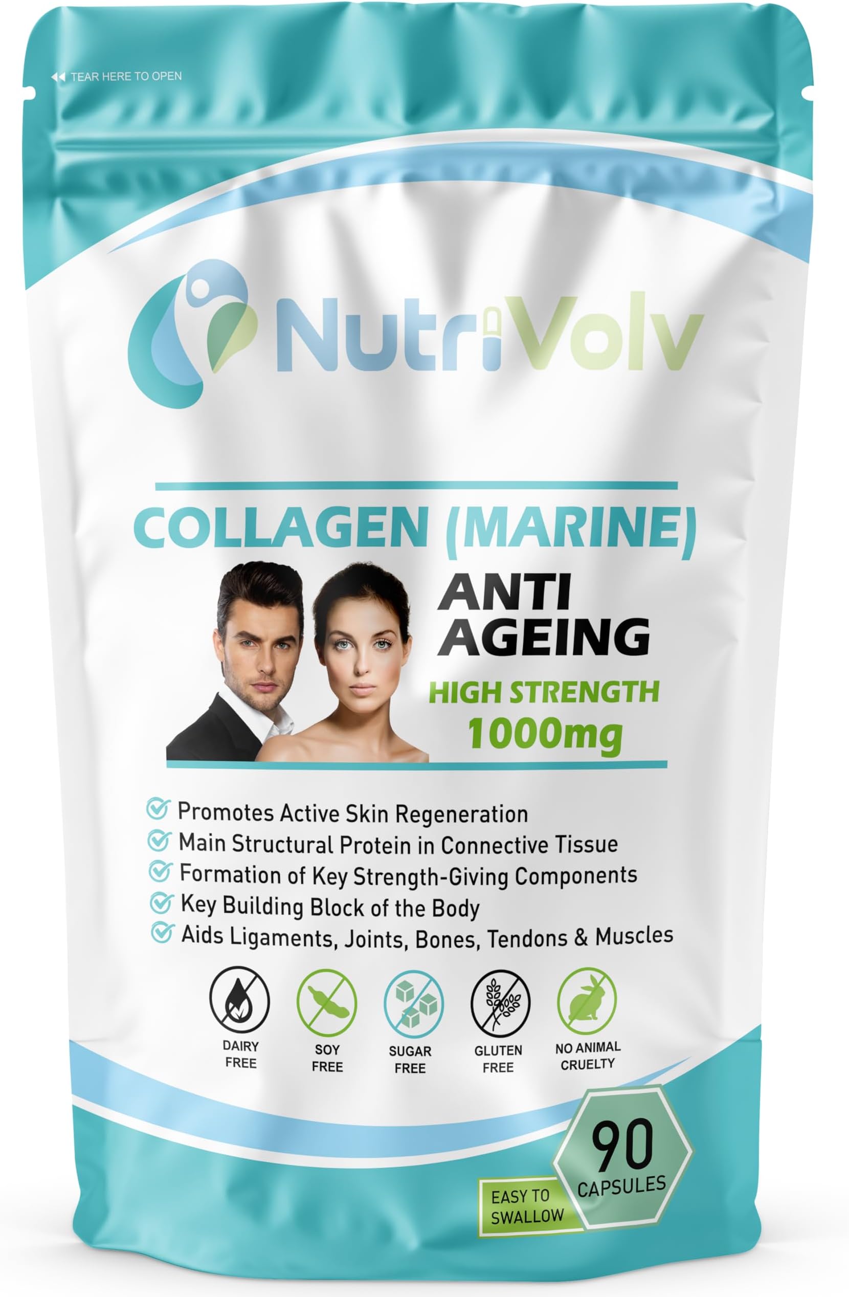 Collagen Marine 1000mg Supplement | Anti-Ageing Support for Skin, Joints, Bones, Muscles & Tissue Health | 90 Capsules | Boosts Skin Elasticity & Joint Mobility