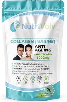 NutriVolv Collagen Marine 1000mg Supplement | Anti-Ageing Support for Skin, Joints, Bones, Muscles & Tissue Health | 90 Capsules | Boosts Skin Elasticity & Joint Mobility