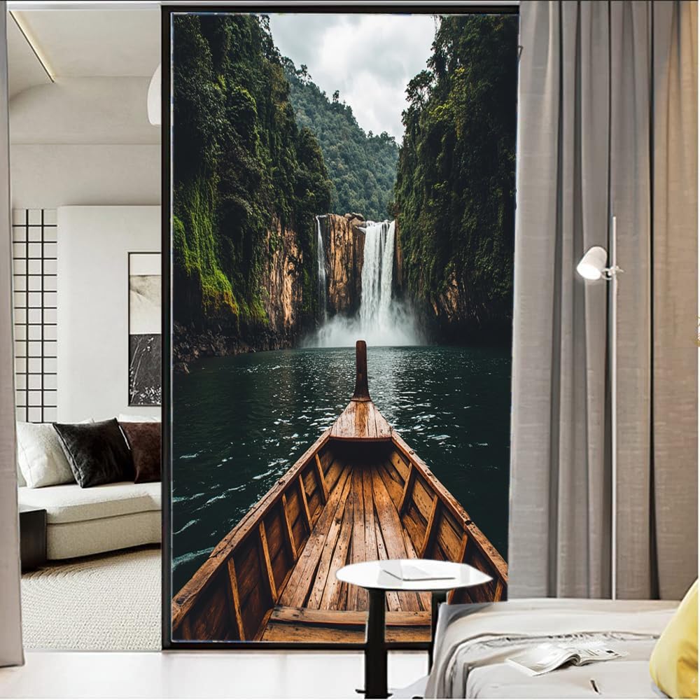 Rustic Lake Window Privacy Film Natural Waterfall Landscape Forest Boat Stained Glass Window Film Decorative Window Sticker for Home Window&Glass Door, Sun Blocking 35.4Wx55.1L inch