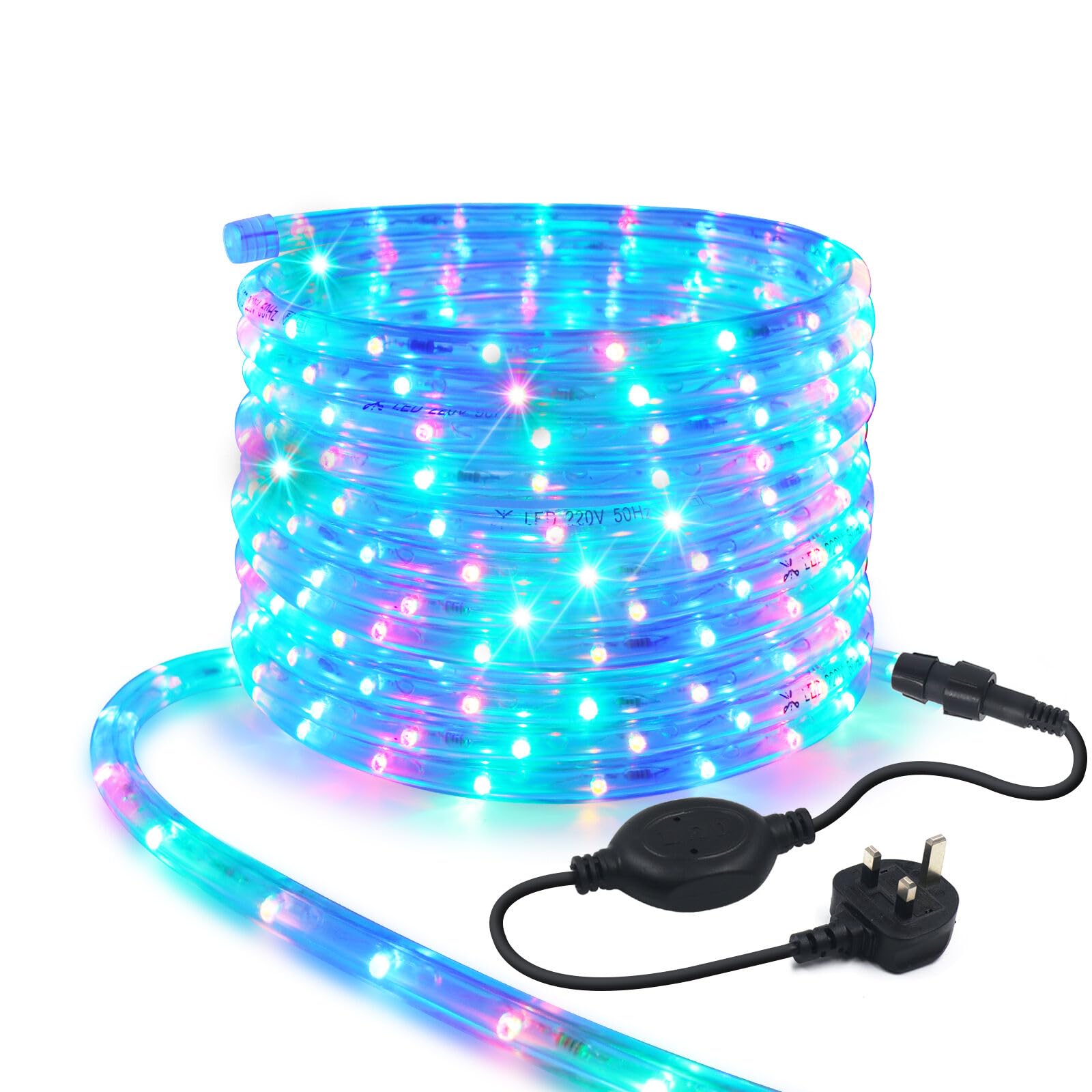 KISUFU 220V Waterproof LED Rope Light, 36 LEDs/m 1m/3.28Ft Led Strip Light AC Fairy String Lights with Clip and Power Adapter for Indoor/Outdoor Christmas Party Home Decoration (2m, RGB)