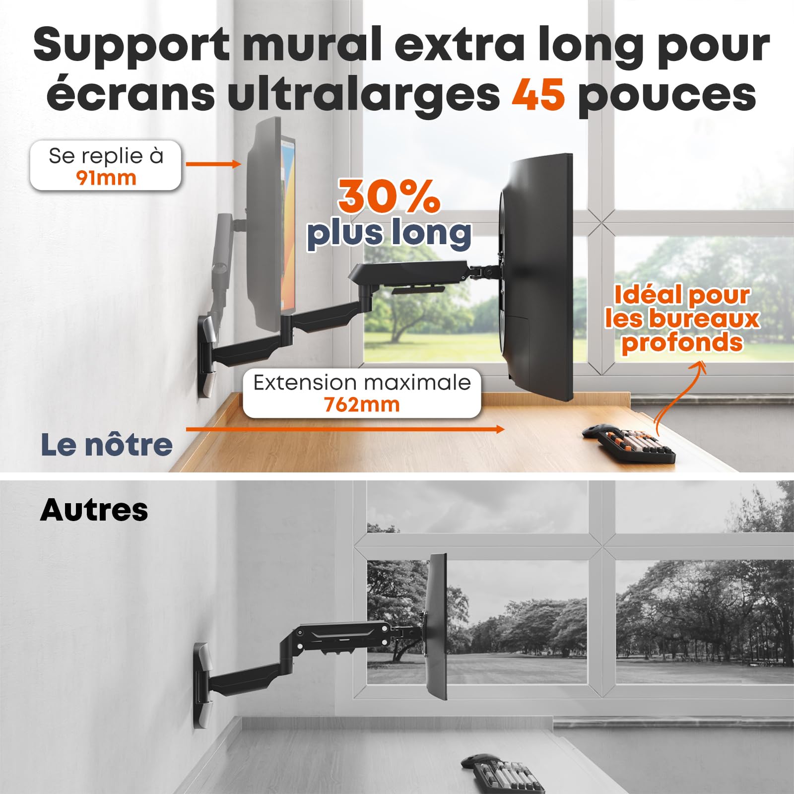 Support Écran Mural Extra Long pour Moniteur 17-45 Pouces