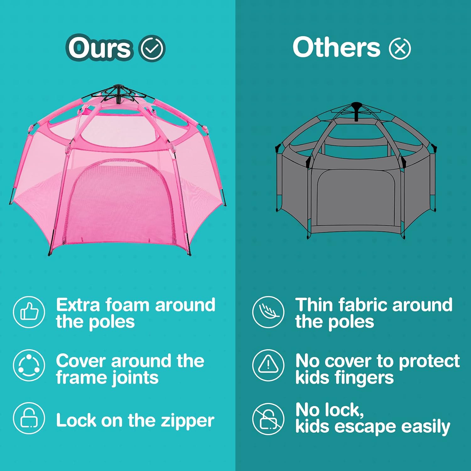 Alvantor Playpen Play Yard Space Canopy Fence Pin 6 Panel Pop Up Foldable and Portable Lightweight Safe Indoor Outdoor Infants Babies Toddlers Kids Pets 7’x7’x44” Pink Patent
