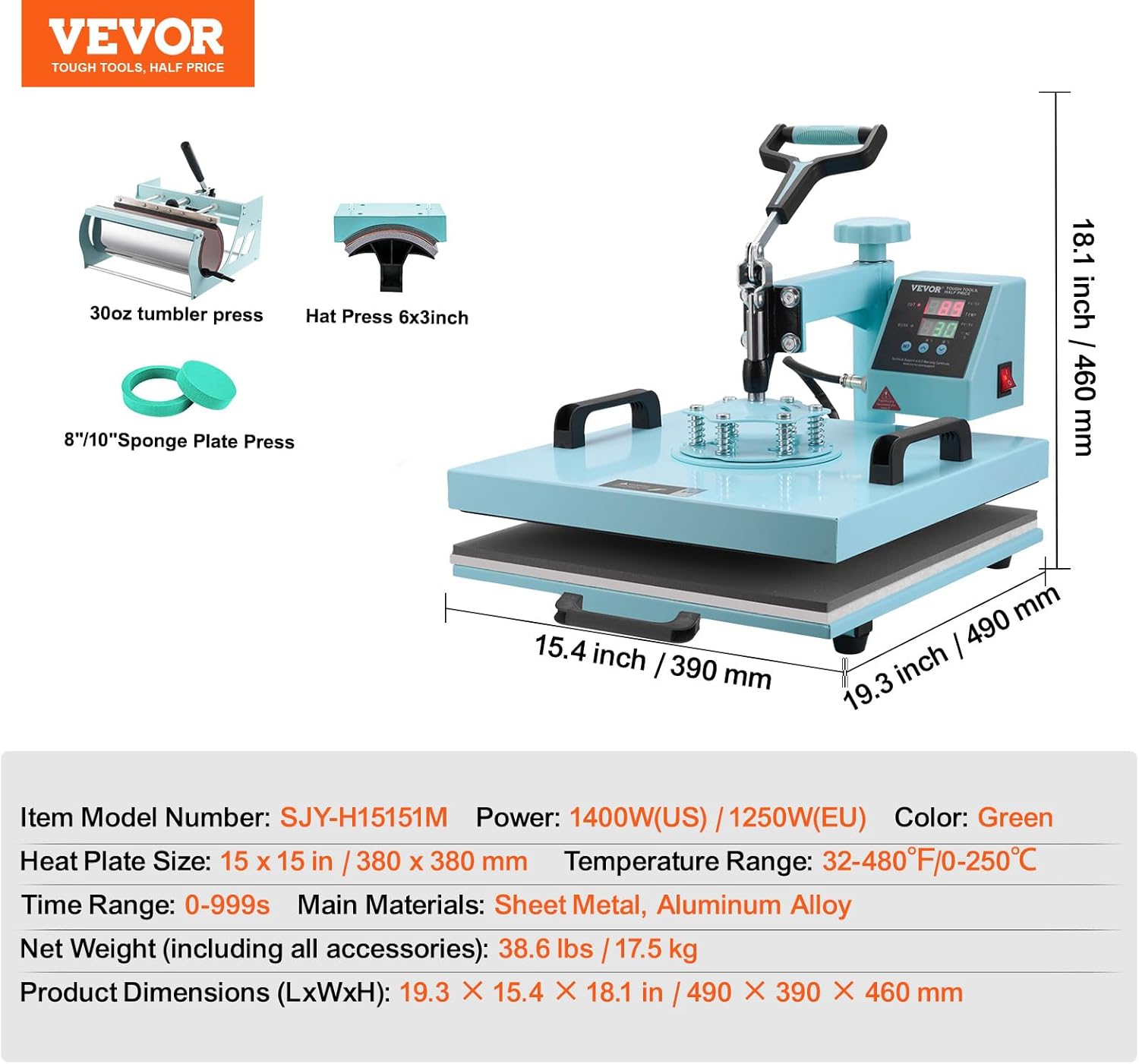 VEVOR Heat Press 15x15 inch, 5 in 1 T-Shirt Cap Hat Mug Press, Combo Tumbler Heat Press for plate Sublimation, Green