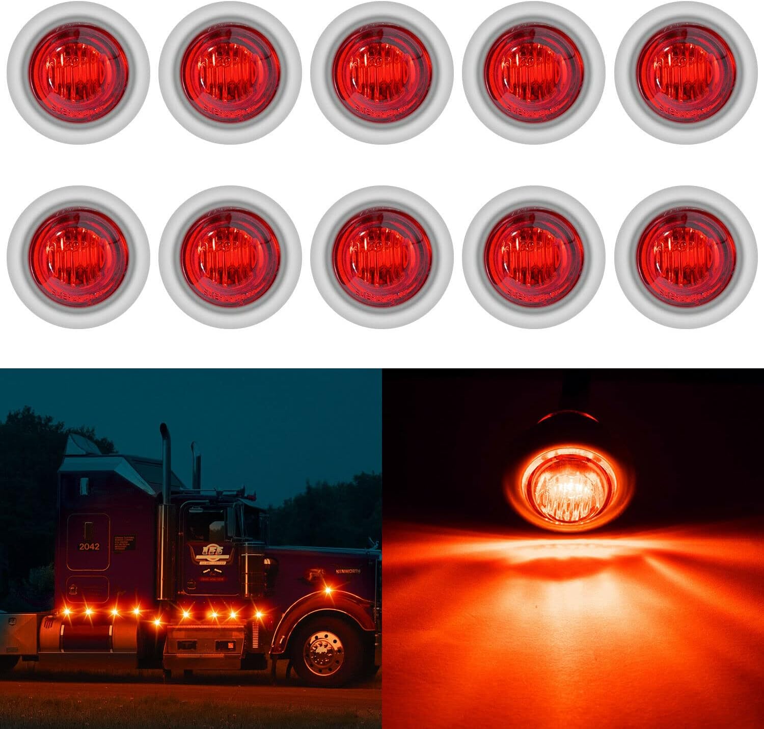 10PCS Sealed Waterproof 3/4” Red Mini Round Clearance LED Front Rear Side Indicator Bullet Grommet Marker Light With 304 Stainless Steel Base for Truck RV Car Bus Trailer Pickup Van Caravan Boat