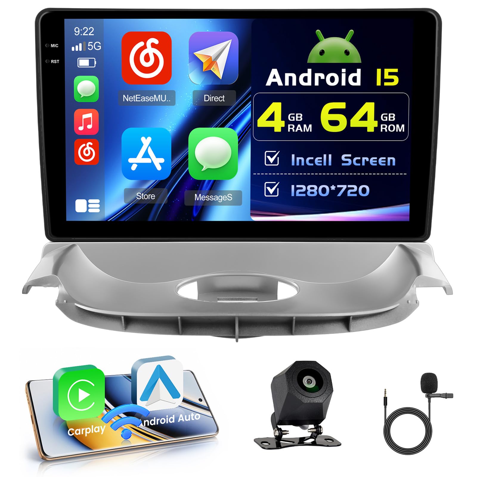 Hikity 4+64G Android Radio Coche para Peugeot 206 2004-2008, Citroen C2 2006-2013 Inalámbrico Carplay, Pantalla Táctil Incell 9 Pulgadas Android Auto/Bluetooth 5.0/GPS/FM/RDS/Cámara Trasera