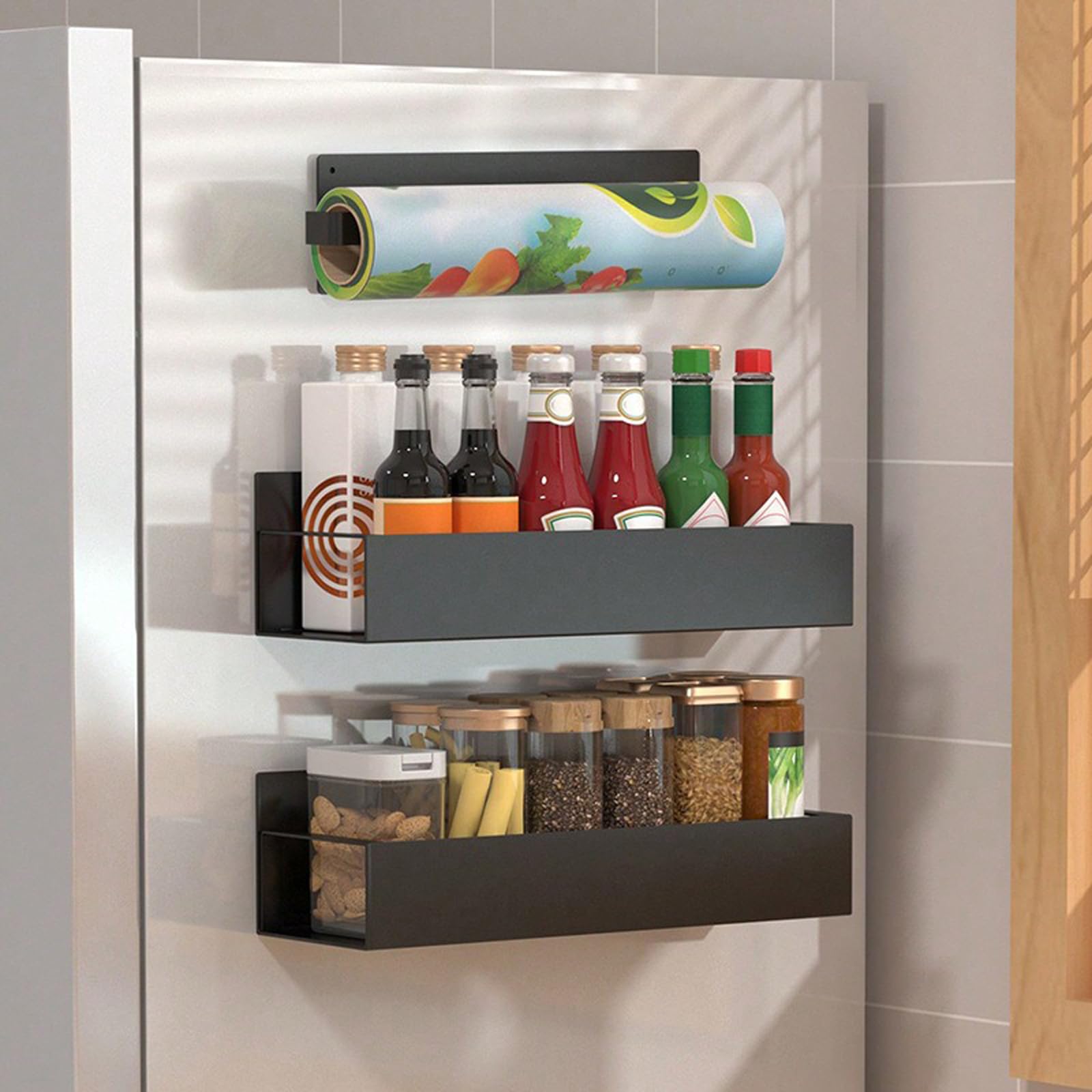 Magnetic Spice Rack for Refrigerator, Magnetic Refrigerator Organizer, 3 Pack Metal Black Magnetic Shelf with Paper Towel Holder, Rustproof Side Fridge Storage Rack for Kitchen with 4 small hooks