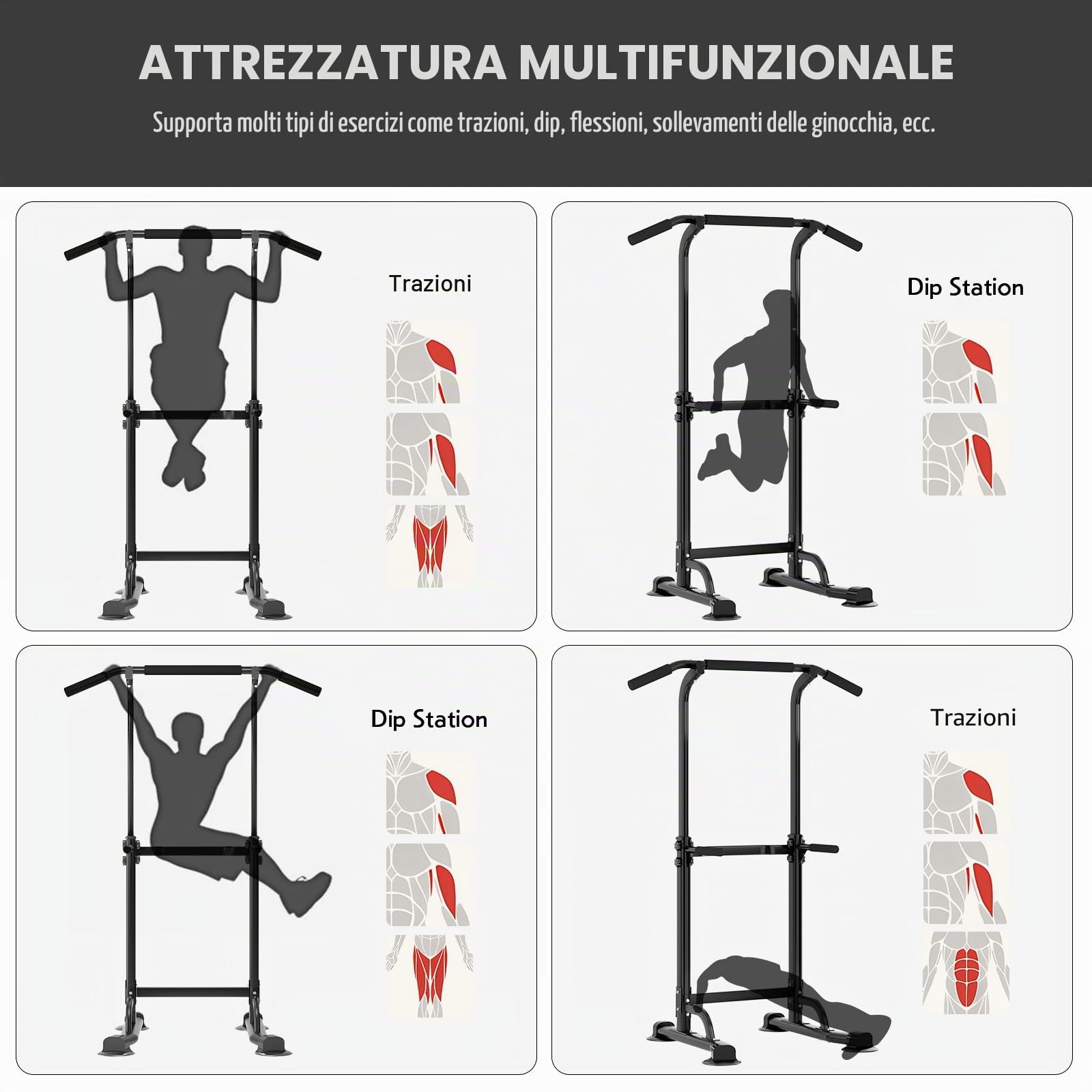 SDHYL Power Tower Dip Station Sbarra Sollevamento Impugnature per Flessioni Trazioni Addominale e Schiena Regolabile di Forza per Allenamento Fitness Adatto per Palestra Domestica Allenarsi