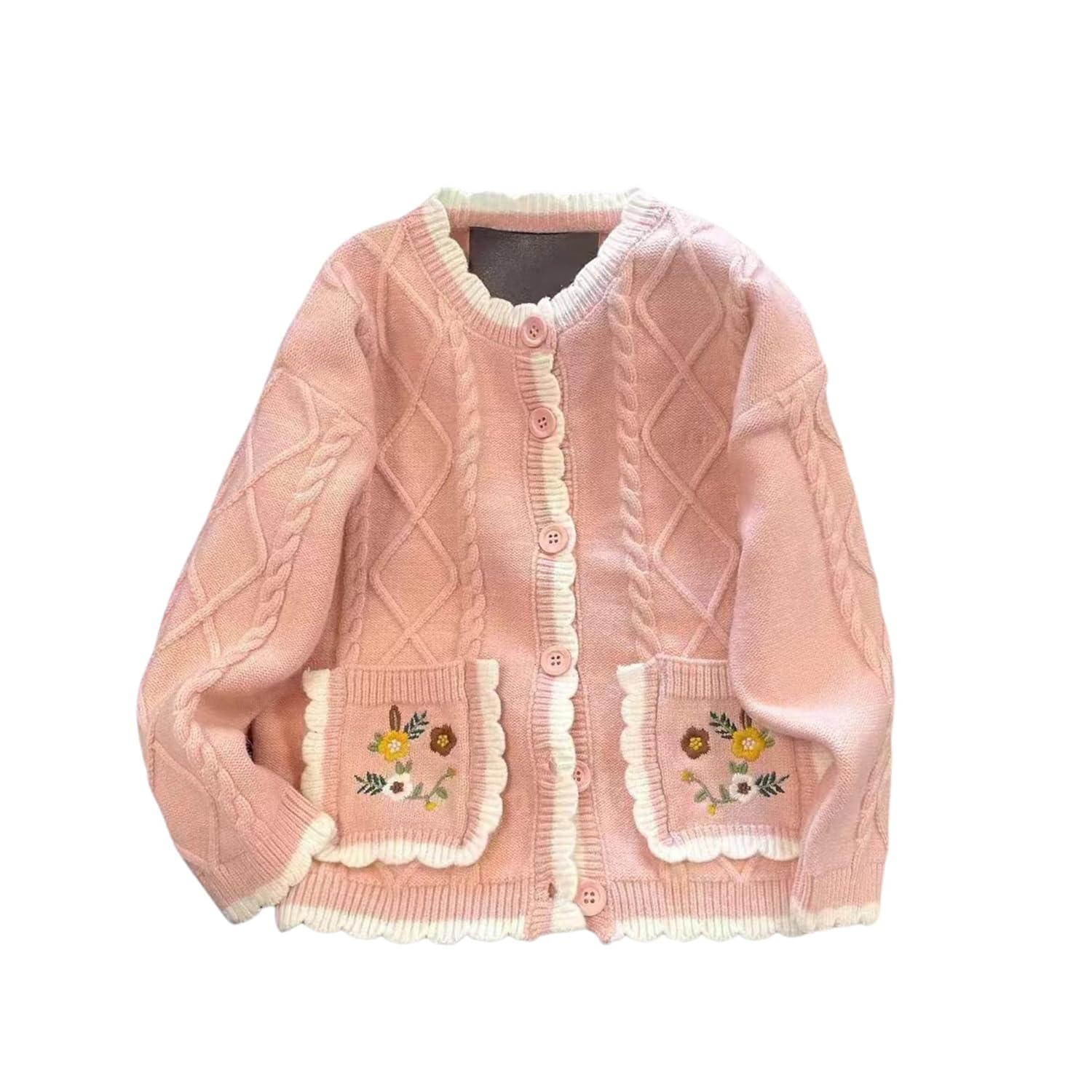 Chevara Womens Floral Embroidered Knit Cardigan Crew Neck Long Sleeve Trendy Sweater Cardigan with Pocket