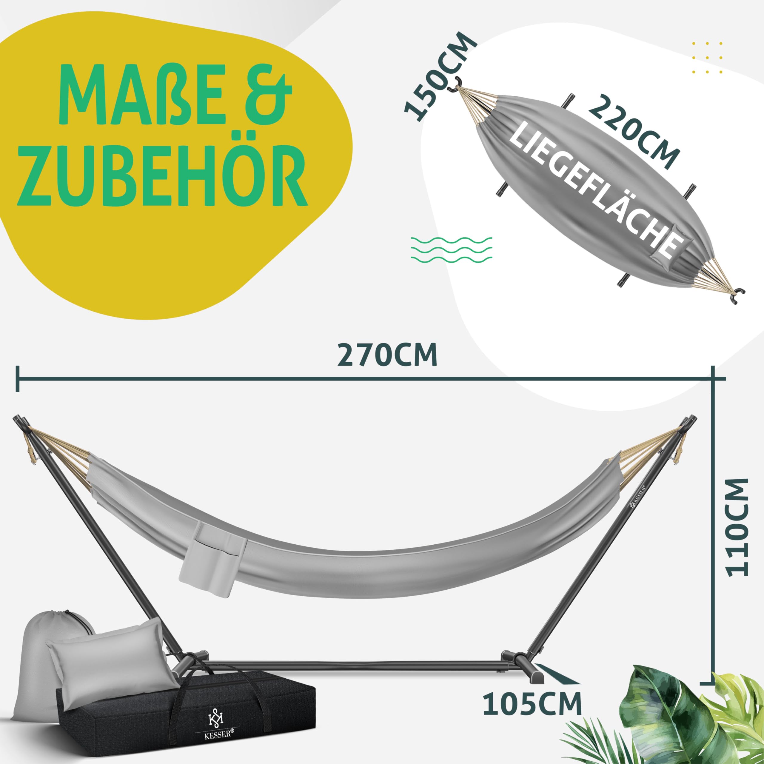 KESSER® Amaca HILL con telaio e cuscino - doppia amaca per 2 persone - solida struttura - capacità di carico 200 kg - per esterni ed interni - poltrona sospesa XXL doppia o multi-persona, Grigio