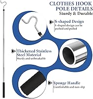 Vista 3 de Poste con Gancho para Ropa, Gancho Extensor para Colgar Ropa, Luces y Plantas, Extensible de 35" a 50", Hecho de Tubo de Acero Inoxidable con Mango