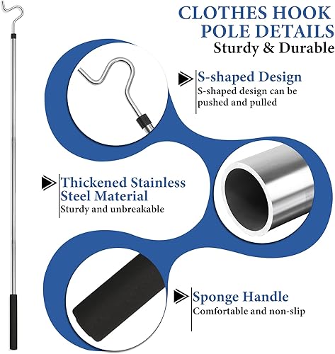 Miniatura 3 de Poste de gancho para ropa, gancho de alcance para colgar ropa, luz y plantas extensibles de 35 a 50 pulgadas, hecho de tubo de acero inoxidable con