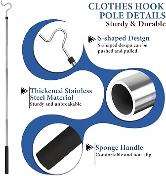 Clothes Hook Pole, Clothes Hanger Reaching Hook for Hanging Clothes Light and Plants Extendable from 35 to 50 Made of Stainless Steel Tube with Sponge Handle (50inch)