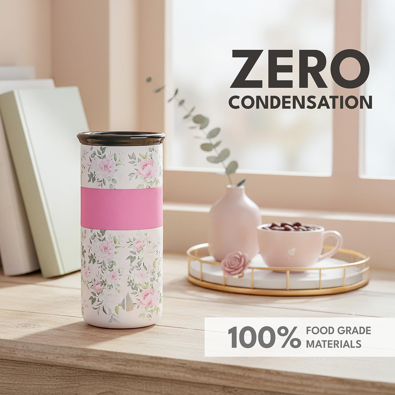 Elemental Artisan Insulated Tumbler, Triple Wall Coffee Travel Mug, Reusable Stainless Steel Coffee Tumbler with Ceramic Lid, Thermal Coffee Cups for Hot (6 Hrs) & Cold (18 Hrs), 16oz - Rose Garden