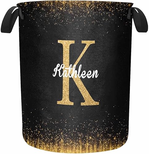 InterestPrint Cesta de lavandería personalizada con nombre, cesta de lavandería con purpurina negra y dorada plegable, duradera, organizador de