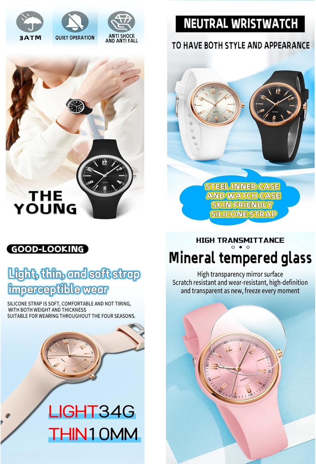 Women's Quartz Watch Soft Silicone Strap Ladies Watches Analog Quartz Watches with Luminous Easy-Read Dial Fashion Wrist Watch for Students Women Men Unisex