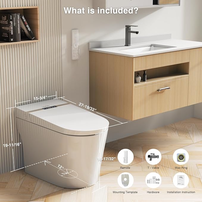 Inodoro inteligente con asiento calefactado y descarga automática, inodoro bidé monobloque sin tanque, alargado, para baño con agua tibia instantánea/secador, tapa automática de apertura/cierre, autolimpiable, luz nocturna y pantalla LED miniatura 2