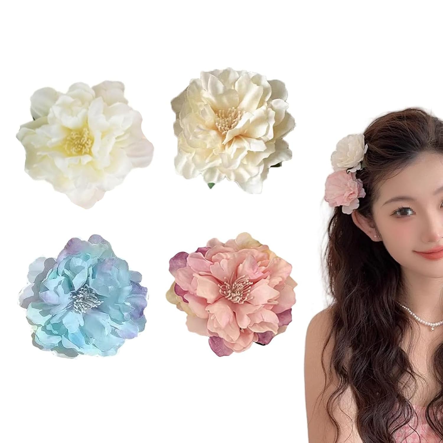 4 Pcs Flower Clip, Flower Clips for Women Hair, Elegant Floral Hair Accessories with Camellia Designs, Ideal for Special Occasions, Weddings, Valentine’s Day Gifts, Daily Use, Blue, White, Yellow, Pink