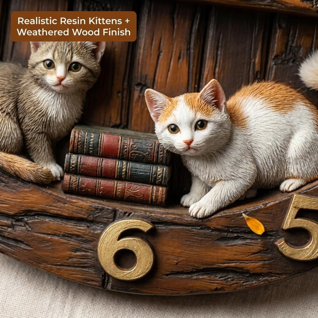 Cat-Themed Retro Wall Clock Silent Non-Ticking Wooden Round Decorative Clock Vintage Pet-Inspired Timepiece for Living Room Farmhouse Library Study Room Office (Small)
