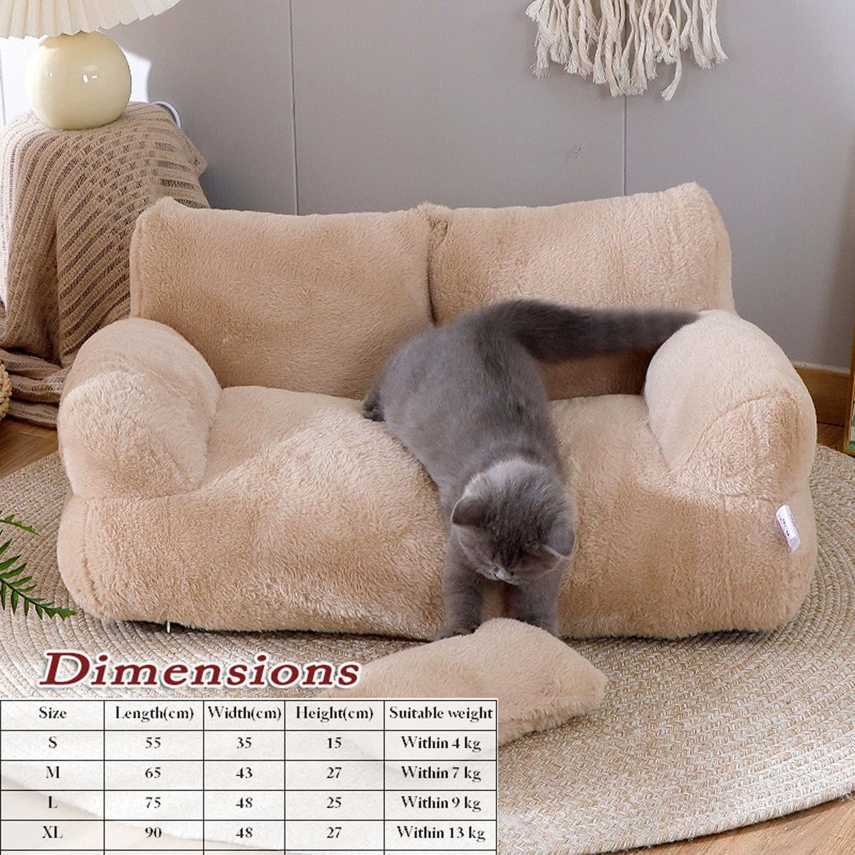 Sofá cama suave para mascotas, sofá cama para gatos y perros con cremallera y almohada, cojín lavable para muebles de mascotas, colchón ortopédico antideslizante y calmante (90 x 48 x 27 cm