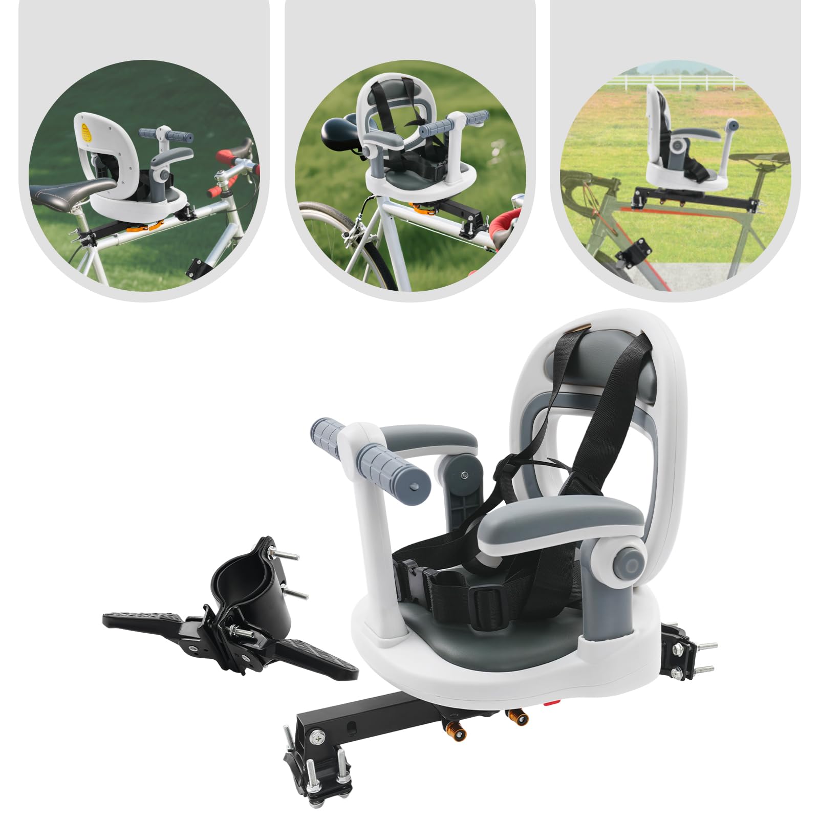 Siège de vélo avant pour enfant avec rotation à 360 °, siège de vélo pour enfant avec ceinture de sécurité et accoudoirs réglables, repose-pieds pliable, convient pour 6 mois à 8 ans