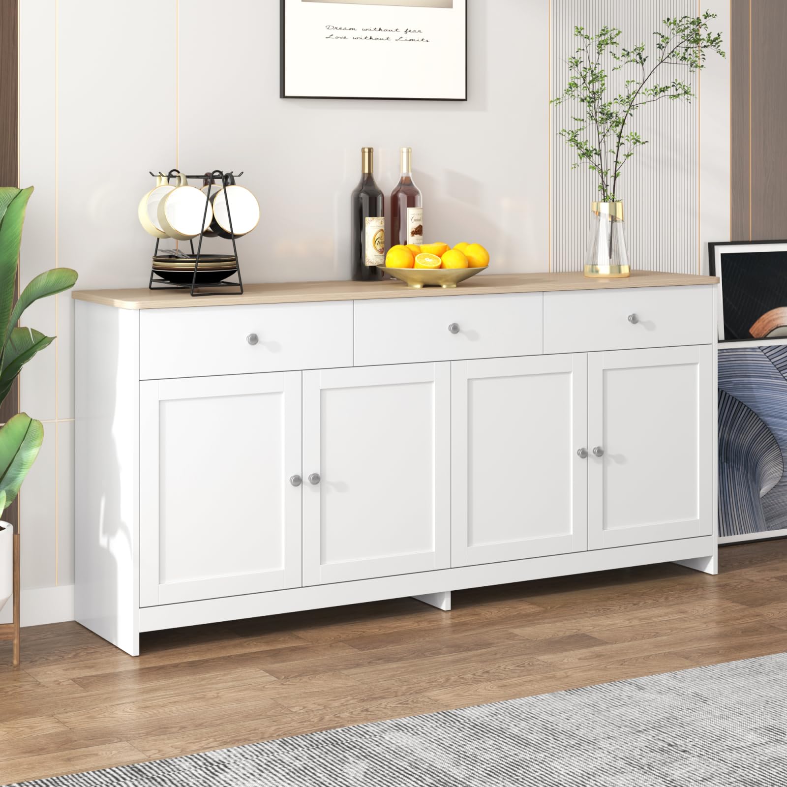 Kredens do salonu, kredens kuchenny z dwoma podwójnymi drzwiami, szafka organizator z trzema szufladami i regulowanymi przegrodami, MDF, 160 × 37 × 75 cm
